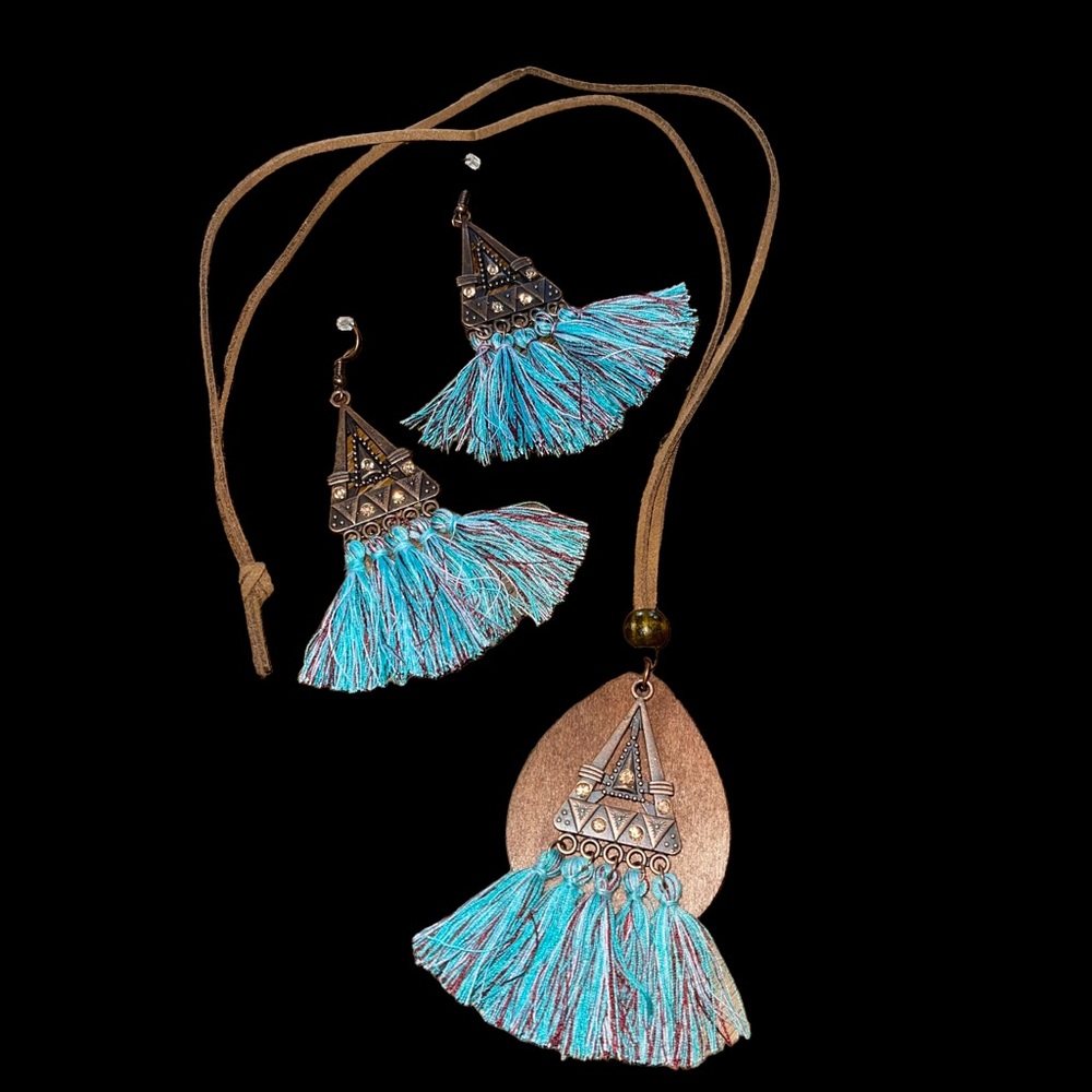 Boho Necklace And Earring Set Turquoise And Brown Faux Leather Chain Adjustable
